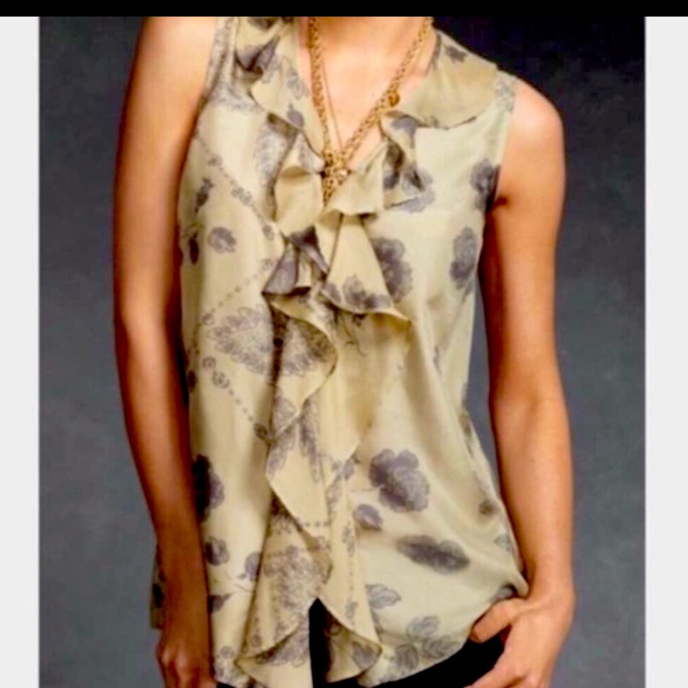 CAbi Floral Silk Ruffle Blouse, sleeveless,fun ruffles, button down, style #149.